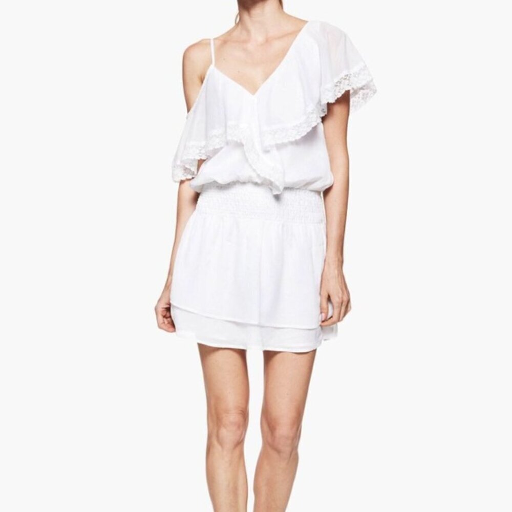 Paige Cecelia Dress White Cotton Asymmetrical Ruffle Shoulder Sz S